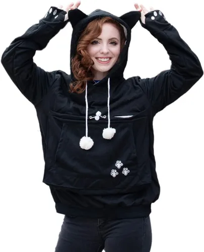 Vista 7 de ALYC Sudaderas unisex con capucha para mascotas, gato, perro, bolsa de canguro de transporte, sudadera con estampado de gato (negro, S)