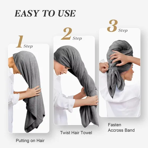 Vista 7 de Paquete de 2 toallas de microfibra para el cabello - 41 x 24 pulgadas, súper suaves, absorbentes, de secado rápido sin encrespamiento, envoltorio