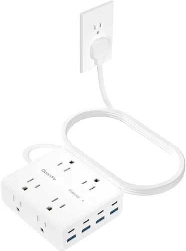 Vista 7 de Olcorife Tira de alimentación USB de 230 W, cable de extensión de enchufe plano ultrafino de 5 pies, 4 salidas de CA, 8 puertos USB