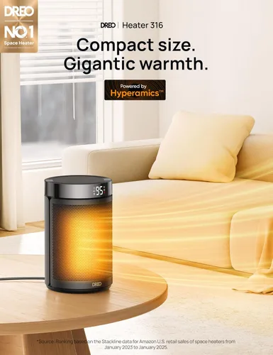 Vista 2 de Dreo - Calefactor eléctrico portátil de interior, con termostato, pantalla digital, temporizador 1-12 h, modo ecológico/ventilador, 1500 W PTC, Negro