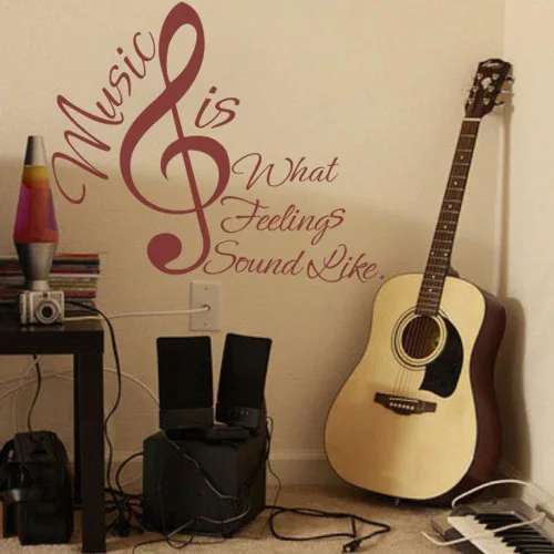 Vista 2 de Music Is What Feelings Sound Like con notas musicales pared vinilo letras de vinilo Negro