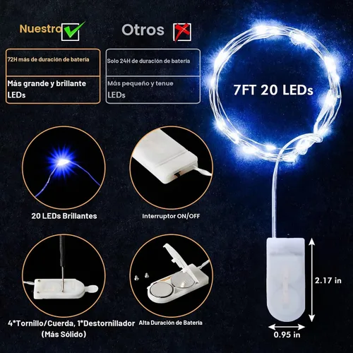 Vista 7 de Paquete de 12 luces de hadas que funcionan con pilas, 7 pies, 20 luces LED de alambre plateado