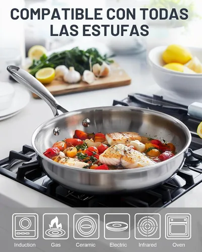 Vista 3 de Cooks Standard Sartén de Freír de Acero Inoxidable, Wok Sartén para Saltear Multicapa de 8 Pulgadas, Sartén de Cocina, Plateado