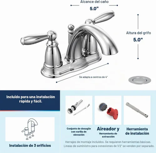 Vista 3 de Moen Brantford Cromo Llave de baño centrada de arco bajo tradicional de dos manijas con montaje de desagüe, 6610