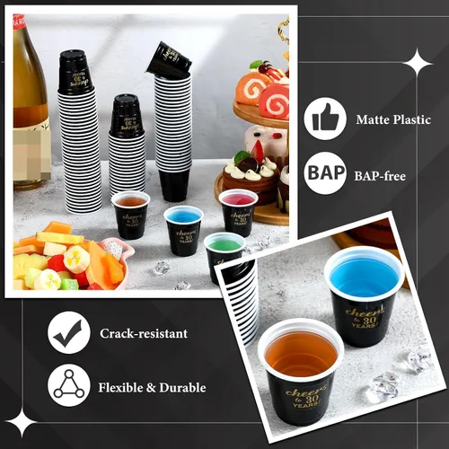 Vista 7 de 100 vasos desechables de plástico transparente para cumpleaños de 30 años de 30 años, de 2 onzas, para hombres y mujeres, para aniversario, fiesta
