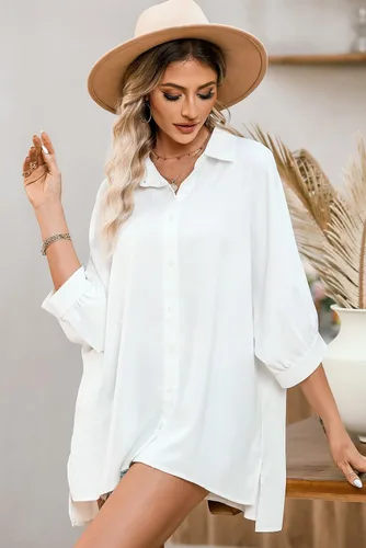 Vista 7 de Sidefeel Womens Summer Oversized 34 Sleeve Button Down Shirts Side Slit Dressy Casual Blouses Loose Fit Tunic Tops