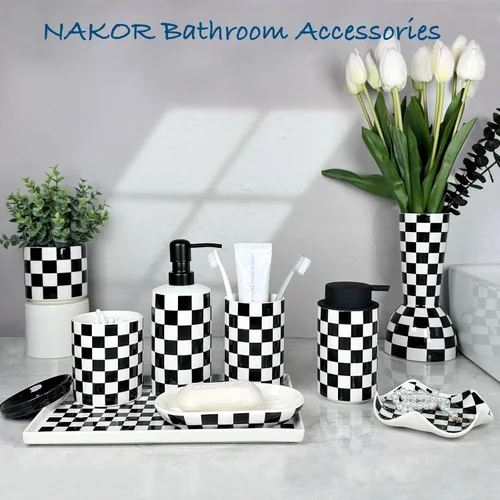 Vista 7 de Dispensador de jabón de manos, dispensador de jabón de baño con bomba de acero inoxidable, botellas de loción de loción de cerámica en blanco y Negro