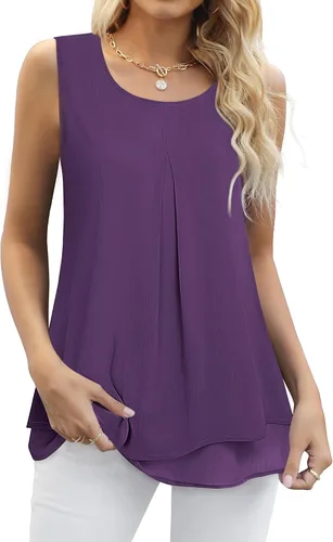 Vista 2 de Gaharu Blusa casual sin mangas para mujer, de doble capa, estilo casual, con vuelo