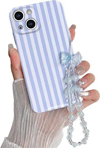 Vista 15 de Bonita funda a rayas para iPhone 6 Plus iPhone 6s Plus con cadena de cuentas, estética suave y delgada, funda protectora de poliuretano