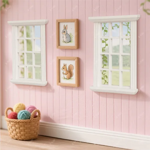 Vista 7 de iLAND Accesorios a escala 1/12 de ventanas de casa de muñecas, 2 piezas de madera maciza blanca, suministros de construcción de casa de muñecas, kit