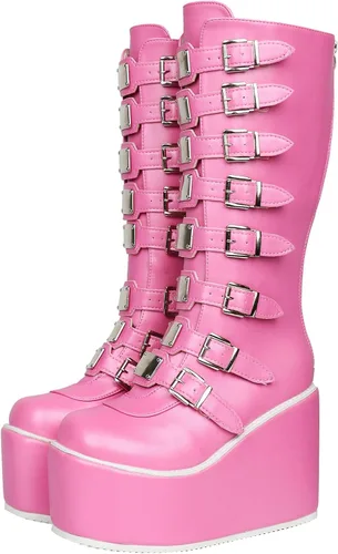 Vista 23 de Parisuit Botas góticas altas hasta la rodilla con hebilla de plataforma para mujer, tacón alto grueso, con cordones, botas de combate punk, con Negro