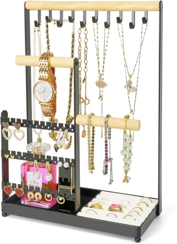 Vista 9 de Organizador de joyas, organizador de joyas con 36 organizadores de aretes y 10 soportes para collares, soporte para anillos de terciopelo y plato
