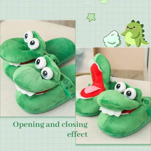 Vista 5 de kaguster Divertidas pantuflas de cocodrilo para mujer, con boca de cocodrilo, bonitas, suaves y cálidas para invierno, para mujeres, hombres y niños