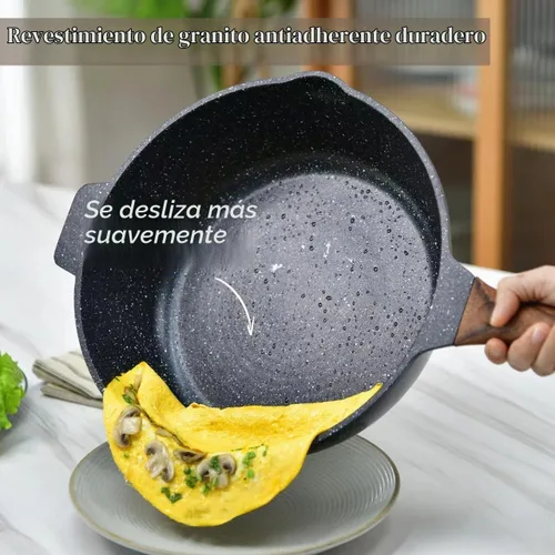 Vista 2 de Sartén antiadherente de 12 pulgadas con tapa y espátula, sartén jumbo de 6 cuartos de galón con boquilla de vertido, wok de chef de granito
