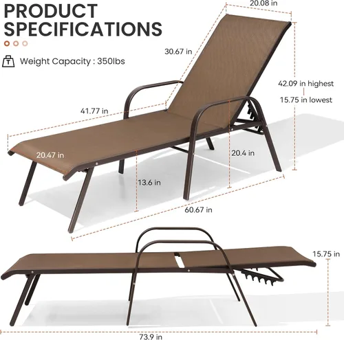 Vista 2 de Crestlive Products Outdoor Chaise Lounge Chair, 5-Position Pool Lounge Chairs with Armrests Sunbathing Recliner for Patio, Beach, Deck, Yard