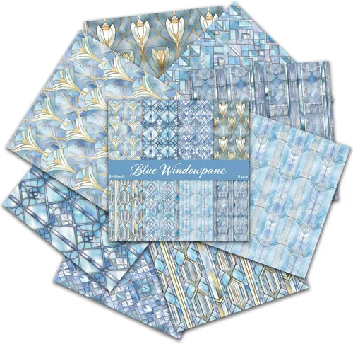 Vista 2 de PRSTINCOL Papel para álbum de recortes, 16 hojas de 6 x 6 pulgadas, suministros de álbum de recortes de estilo de ventana azul, papel de decoupage