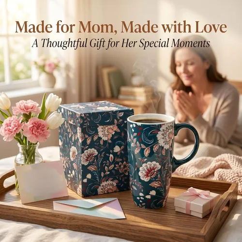 Vista 4 de Topadorn Taza de Café de Cerámica de Porcelana Latte Taza de Té con Tapa y Caja de Regalo 17oz, Flor Azul