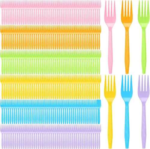 Vista 11 de Tioncy 360 tenedores de plástico arcoíris desechables a granel, cubiertos de plástico coloridos para fiestas de verano, picnic, camping, restaurante