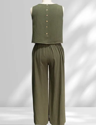 Vista 5 de InterNos Conjunto de 2 piezas de verano para mujer, sin mangas, con botones en la espalda, pantalones cortos de pierna ancha, conjunto de lino