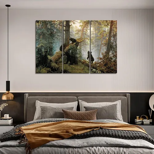 Vista 4 de Osos juegan en el bosque, árbol caído, pintura artística para pared, impreso en lienzo, imágenes de animales para decorar el hogar, regalo