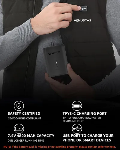 Vista 5 de Venustas Chaleco calefactado para hombre con batería de 7.4 V, chaleco de caza con calefacción