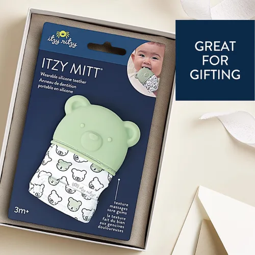 Vista 6 de Itzy Ritzy Manopla de dentición de silicona, manopla calmante para dentición infantil con correa ajustable, sonido arrugado y silicona texturizada