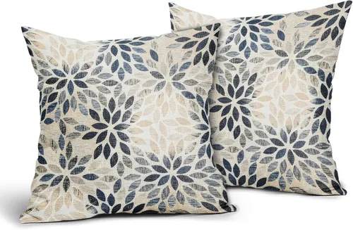Vista 2 de Juego de 2 fundas de almohada de dalia azul marino de 20 x 20 pulgadas, fundas de almohada cuadradas decorativas de flores geométricas rústicas