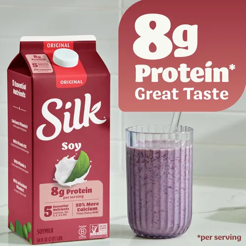 Vista 8 de Silk - Leche de soya, original, sin lácteos, vegana, sin OGM verificada por el «Proyecto Non-GMO», medio galón, 64 fl oz