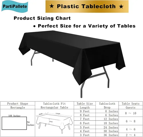 Vista 6 de Paquete de 3 manteles de plástico premium negros desechables de 54 x 108 pulgadas. Mantel rectangular desechable para mesas de fiesta