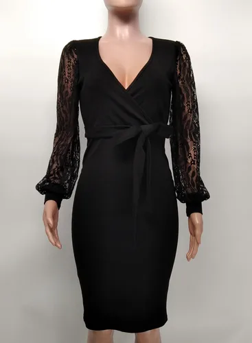 Vista 5 de Vestidos de tubo de encaje para mujer, manga farol, retazos, cuello en V profundo, vestido midi de negocios con cinturón, fiesta de cóctel
