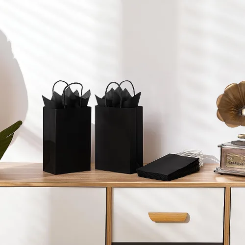 Vista 3 de SUNCOLOR Bolsas de regalo negras con asas, paquete de 24 bolsas pequeñas de papel kraft para fiestas, 7.9 x 5.12 x 3.15 pulgadas con papel de seda