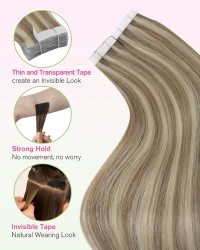 Vista 20 de YoungSee Extensiones de Cabello Humano con Cinta Balayage Extensiones de Cabello con Cinta Marrón Oscuro Extensiones de Cabello con Cinta Ombre