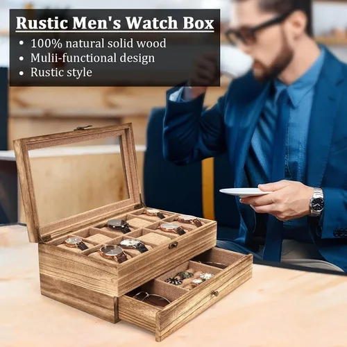 Vista 3 de Emfogo Caja de reloj funda de reloj con 10 ranuras para hombres y mujeres soporte de reloj de madera para hombres regalo para novio día del padre
