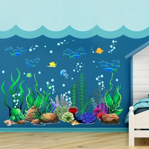 Vista 4 de Zonon Calcomanías de pared bajo el mar, arrecife de coral y algas marinas, calcomanías de pared de océano, calcomanías de decoración submarina