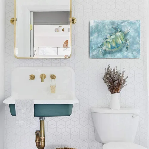 Vista 3 de YJYart Decoración de pared de baño, diseño de tortuga marina HD en lienzo, arte de pared para dormitorio, cocina, decoración de habitación costera