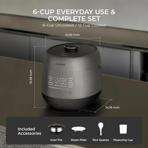 Vista 5 de CUCKOO Olla arrocera de doble presión de 6 tazas sin cocer / 12 tazas cocidas con tecnología de calentamiento por inducción, sistema de presión