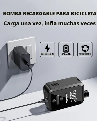 Vista 7 de URTOPIA Bomba eléctrica para bicicleta, bomba de aire de inflado rápido con medidor, hasta 150 PSI, disipación de calor eficiente, recargable