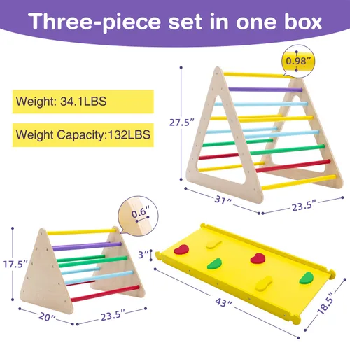 Vista 2 de Wonline Escalador triangular 3 en 1 con rampa de madera para niños pequeños, triángulo de escalada para deslizarse y escalar, juego de 3 piezas