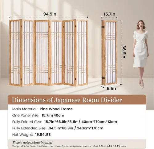 Vista 7 de 6 Panel Room Divider, 66.9" Tall Folding Privacy Screen, Natural 6 Panel Natural