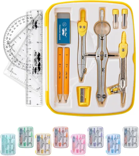 Vista 9 de Mr. Pen- Geometry Set, 13 pcs, 3 Metal Compasses, Protractor, 6" Ruler 45° & 30°/60° Set Squares, Pencils, Lead Refills, Sharpener & Eraser for