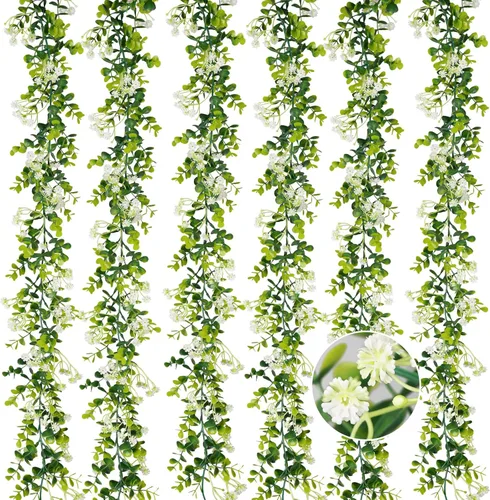 Vista 12 de Guirnalda de eucalipto con flores de 6 pies, paquete de 2 guirnaldas artificiales de eucalipto colgantes de verano adecuadas para mesa, boda, telón