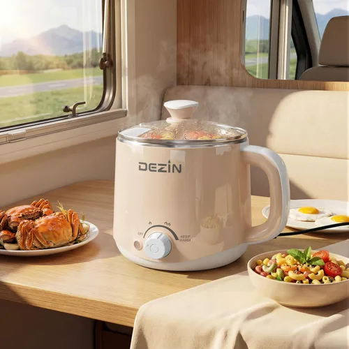 Vista 6 de Dezin - Olla caliente eléctrica, cocina rápida de fideos, mini olla de acero inoxidable perfecta para ramen, huevos, pasta, bolas de masa hervida