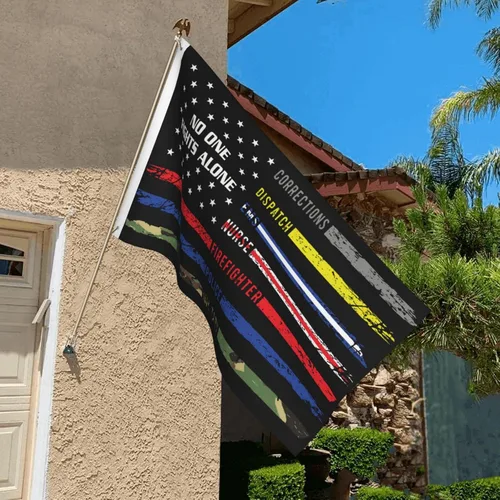 Vista 6 de HUFURI Nadie pelea solo con la bandera estadounidense First Responders Hero Nurse E-M-S Police Fire Military de 3 x 5 pies, doble cara