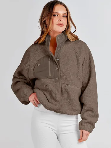 Vista 9 de ANRABESS Chaqueta de forro polar mullido para mujer, estilo casual, manga larga, recortada, con botones, con bolsillos