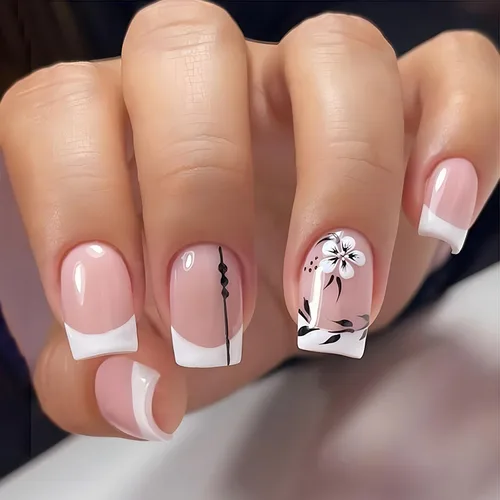 Vista 13 de 24 uñas postizas cuadradas de color negro brillante, de cobertura completa, con diseños de notas musicales, uñas postizas acrílicas con pegamento