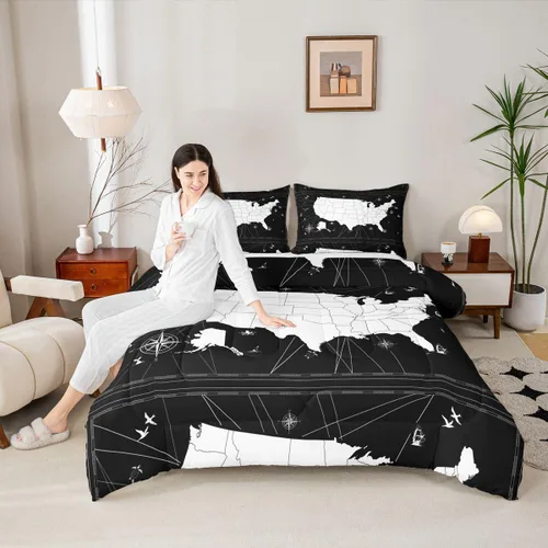 Vista 2 de Juego de edredón con diseño de mapa del mundo, juego de edredón y juegos de cama con temática náutica, color blanco y negro, edredón de velero