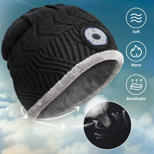 Vista 5 de HIGHEVER Gorro LED con luz, regalos para hombres y mujeres, linterna con faro, gorro de invierno