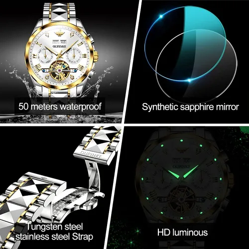 Vista 5 de OLEVS Relojes mecánicos automáticos de esqueleto para hombre, 5ATM, impermeable, tungsteno, acero inoxidable, cuerda automática, relojes de pulsera