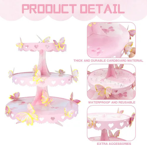 Vista 4 de Soporte para cupcakes de mariposa rosa de 3 niveles, torre de postre de princesa Elegante diseño de mariposa rosa, torre de postre de 3 niveles