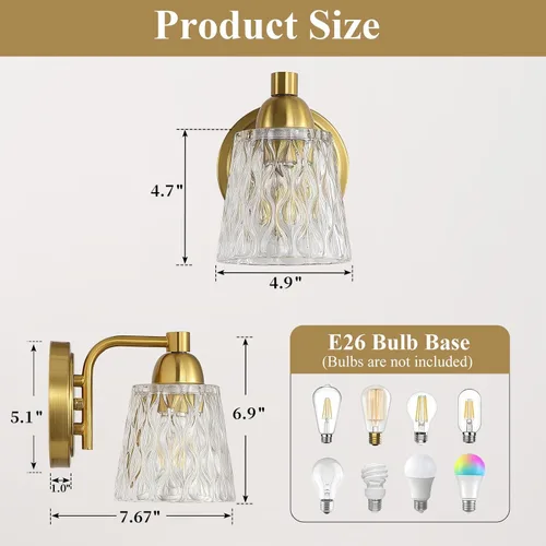 Vista 3 de Mecgirn Lámpara de tocador de baño de acero inoxidable sobre el espejo, 1 lámpara de baño dorada cepillada con pantallas de vidrio texturizado Oro